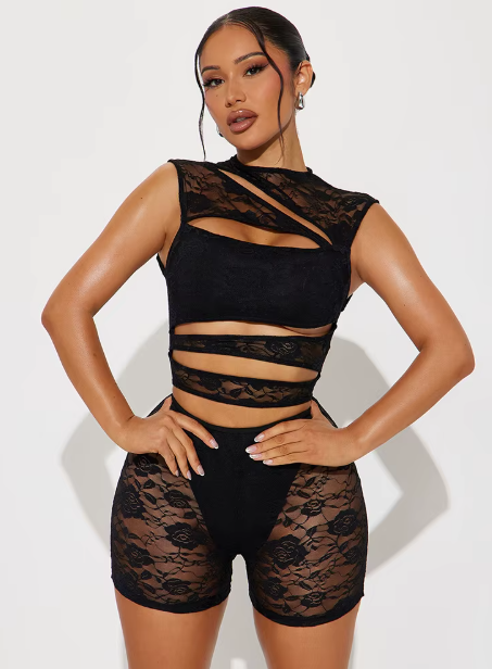 Black Sleeveless Lace Mesh Cut Out Detail Romper